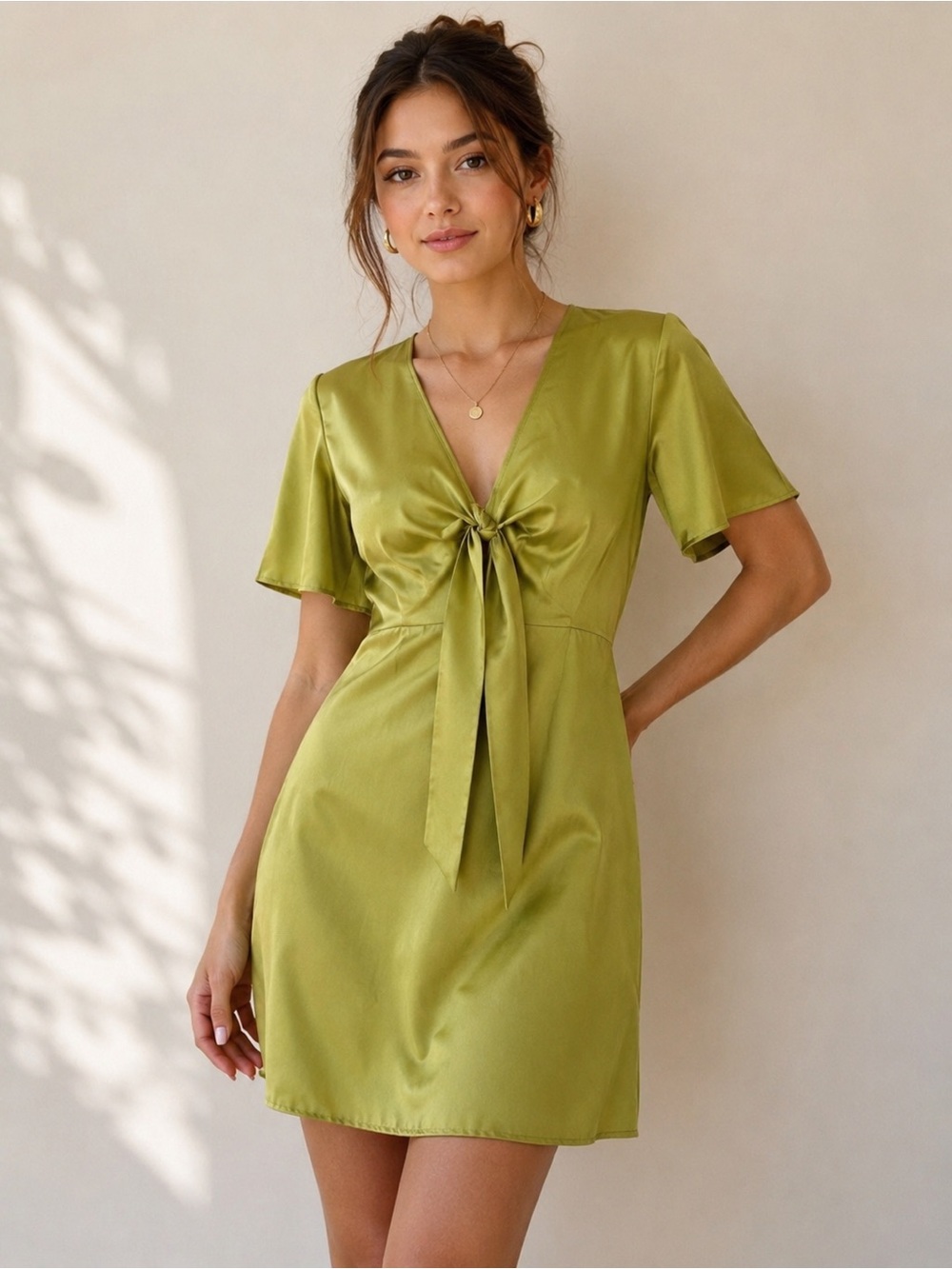Boohoo Olive Green Satin Tie Front Mini Dress Size 12